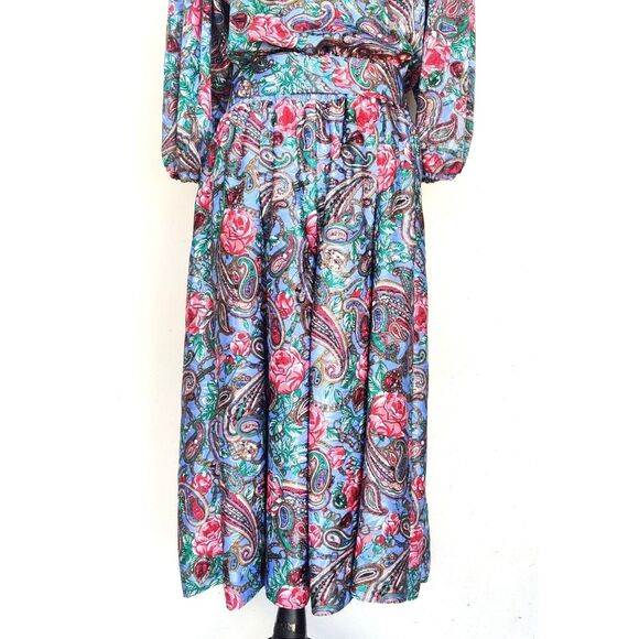 Diane Freis Vintage Blue Floral Dress With Belt Size Medium Large - Picture 11 of 11